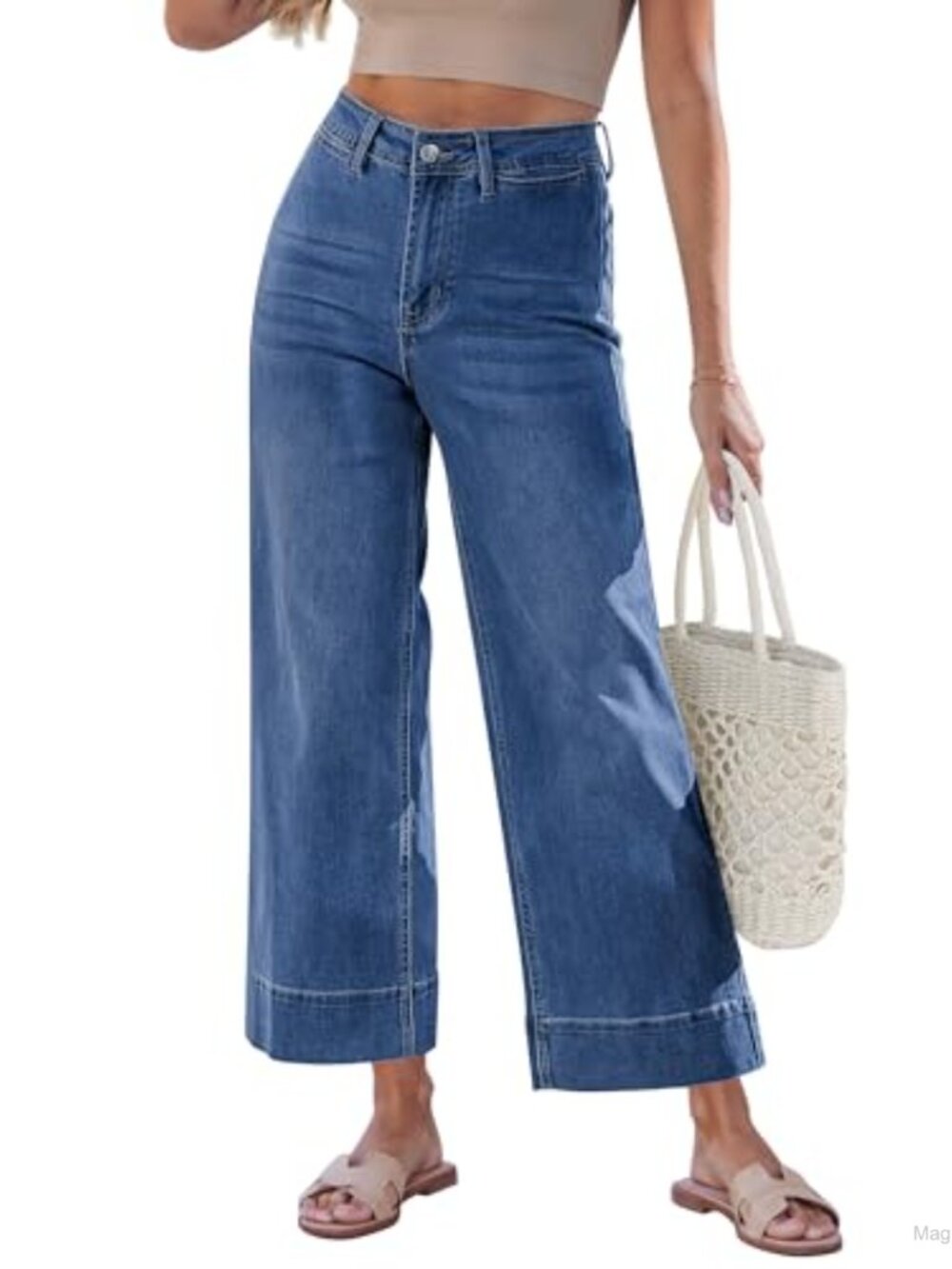 Wide Leg Cropped Jeans High Waisted Stretchy Denim Pants